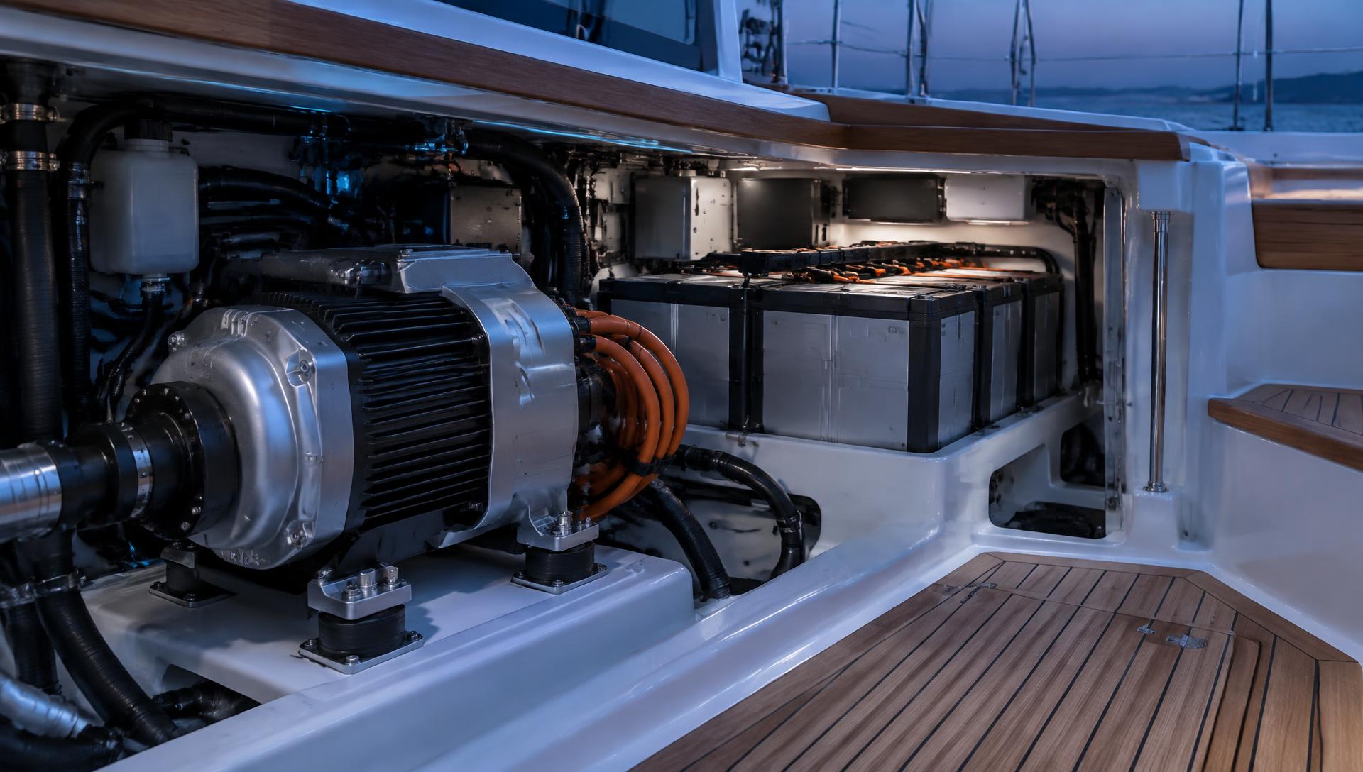 Elektrischer Innenbordantrieb und Lithium-Batteriebank im Motorraum einer Segelyacht